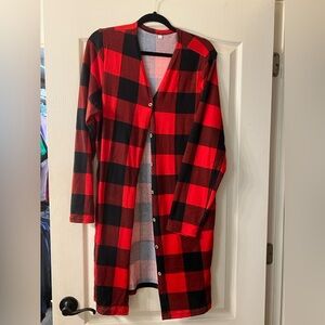 Red and Black Plaid Long Cardigan
